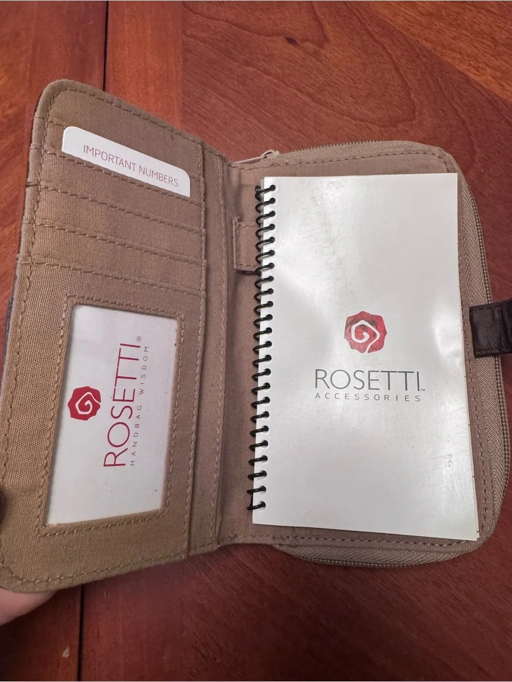 ROSETTI: Leather Zip Wallet in Light Beige with Dark Brown Trim